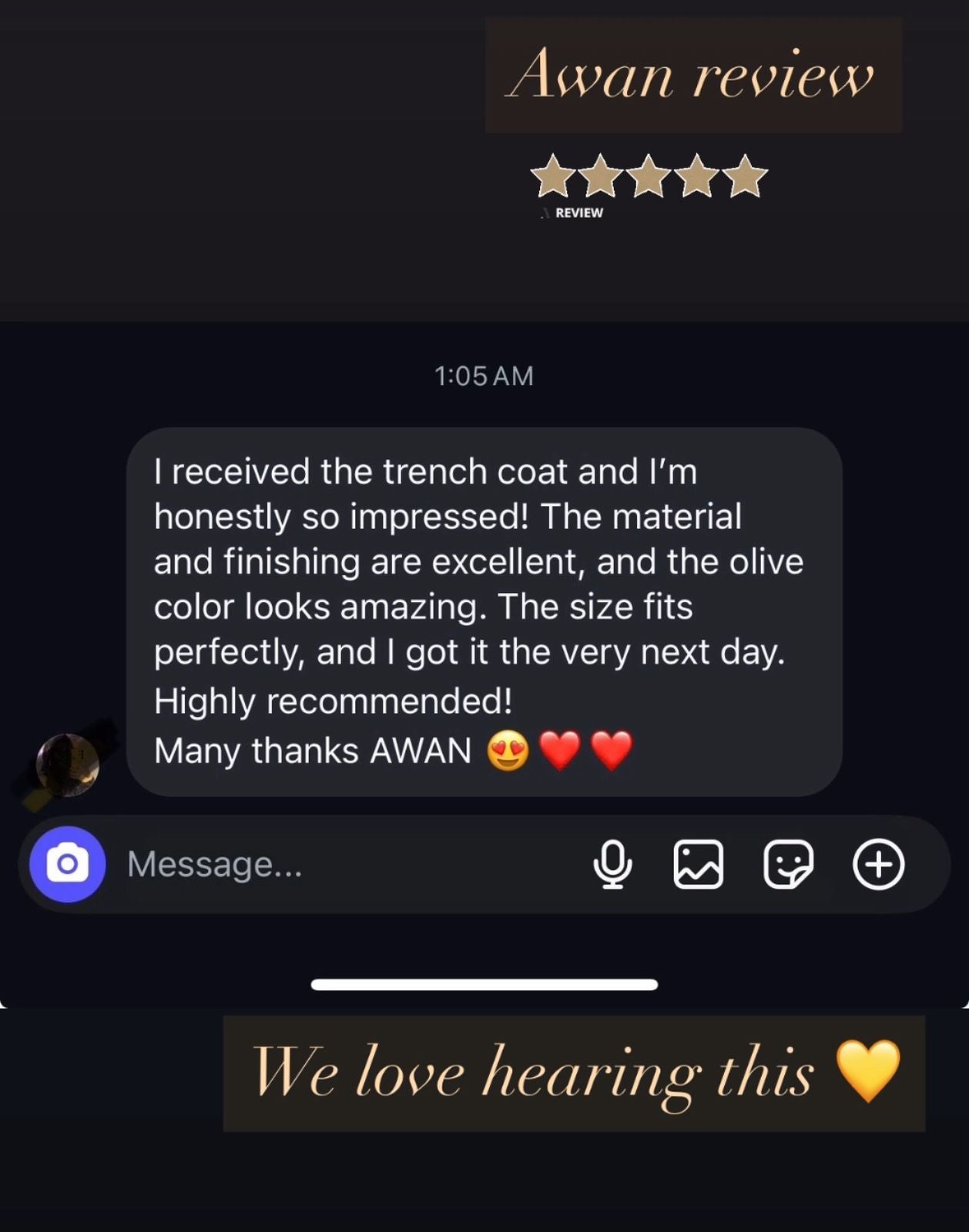 Real customer review for the AWAN trench coat — praising the material, finishing, perfect fit, and next-day delivery.