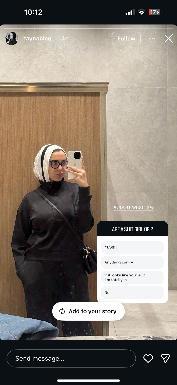 Real customer wearing AWAN black suit — positive Instagram poll review